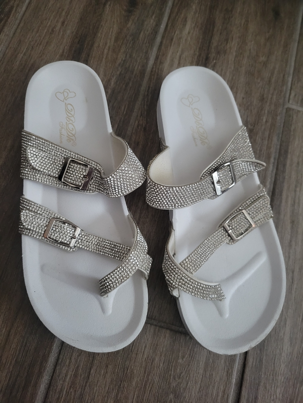 Women’s White Slide Sandals with Silver Rhinestone Straps